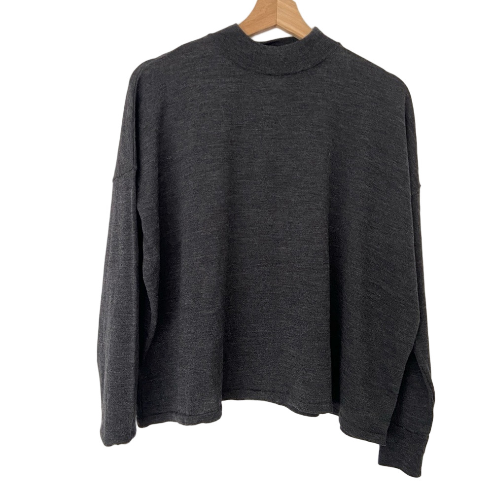SESSUN CHARCOAL GRAY LIGHTWEIGHT 100% WOOL MOCK NECK SOFT SWEATER, LARGE